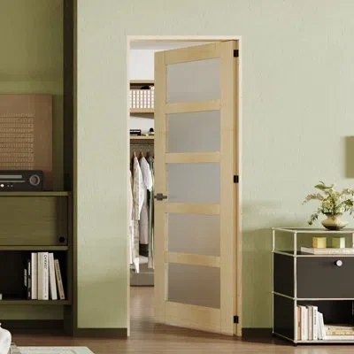 Chic Mode Pantry Door 5 Lite Frosted Glass Pine Solid Wood Interior Prehung Door With Door Frame And Handles In Brown