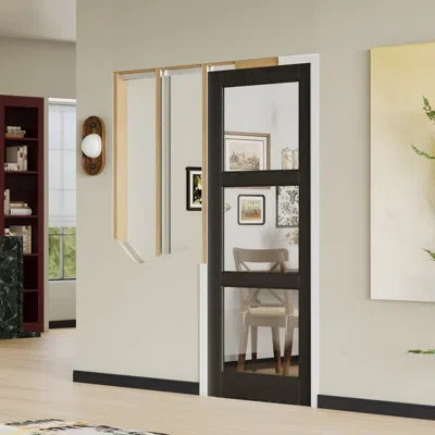 Chic Mode Pocket Door Frame Kit For 2×4 Stud Walls - Soft Close Sliding Hardware System With Black 3-lite Clea