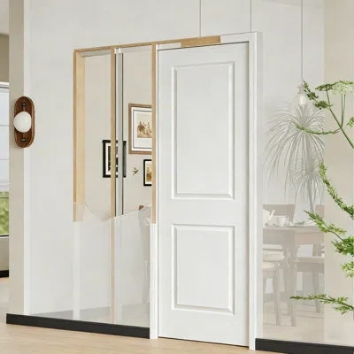 Chic Mode Pocket Door System With Door Slab - 2 Panel White Molded Interior Door With Pocket Door Frame, Slidi