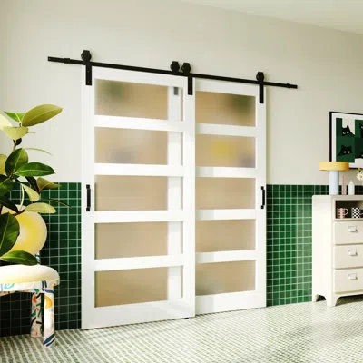 Chic Mode Sliding Barn Door - 5 Lite Frosted Glass Design Bypass Barn Door Sliding Interior Door With Hardware In White