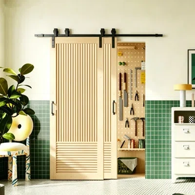 Chic Mode Sliding Barn Door Set - 2 Slatted Pine Wood Doors With Black Bypass Hardware Kit (unassembled Panels In Brown