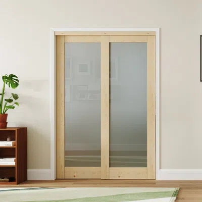 Chic Mode Sliding Closet Door, Full Lite Frosted Glassed Design Solid Wood Sliding Door With Hardware Track Ki In Brown;green