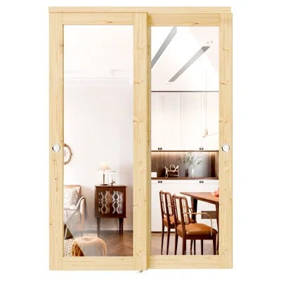 Chic Mode Sliding Closet Door, Full Lite Mirrored Design Solid Wood Sliding Door With Hardware Track Kit & Flo In Brown;green