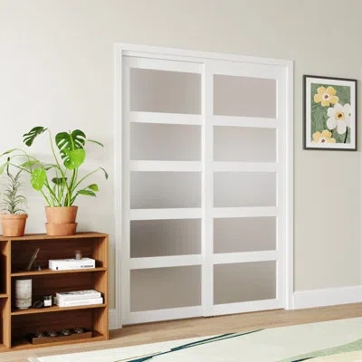 Chic Mode Sliding Closet Door–5 Lite Frosted Glass Panel Design White Mdf With Handles & Smooth Sliding Hardwa