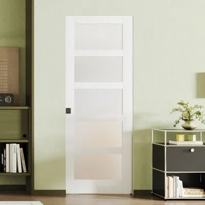 Chic Mode Sliding Pocket Door - 5 Lites Tempered Frosted Glass Panel Sliding Interior Closet Door With Hardwar In White