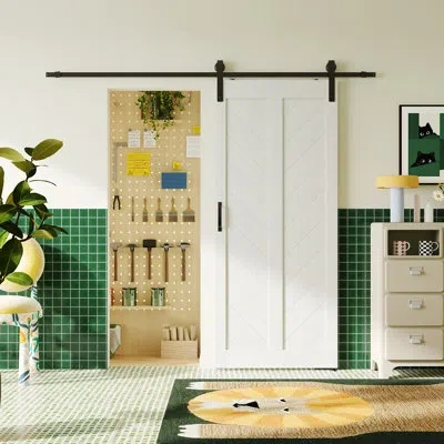 Chic Mode V Shape Design Panel Wood Barn Door With Hardware Kit In White