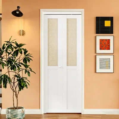 Chic Mode Weavebound Solid Manufactured Wood And Imitation Rattan Hand-woven Bi-fold Closet Doors With Hardwar In White