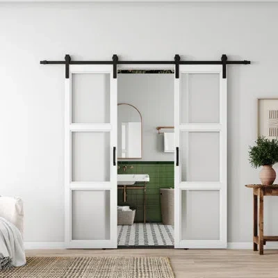 Chic Mode White Double Sliding Barn Door 3 Panel Frosted Glass With Hardware， 84"(h)