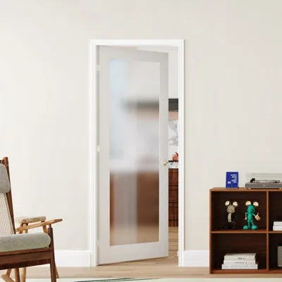 Chic Mode White Full Lite Frosted Glass Pantry Door Slab 80''h For French Doors Includes Door Handle
