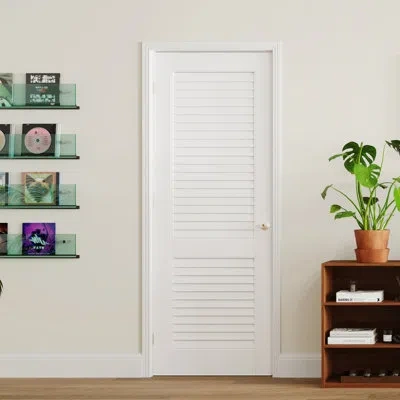 Chic Mode White Wood Full Lite Louvered Manufacture Pantry Door Slab 80''h For French Doors Includes Door Hand