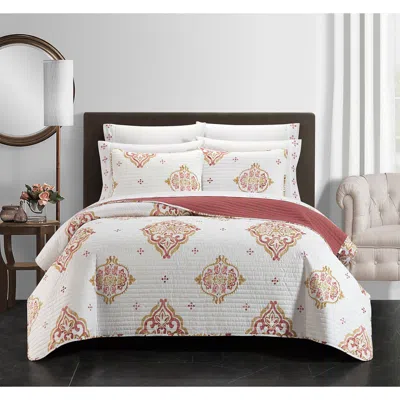 Chic Peugeot Scroll Medallion Pattern Quilt 9-piece Set In Coral/gold/white