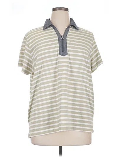 Pre-owned Chic Short Sleeve Top Gray Stripes Pattern Collared Neckline Tops