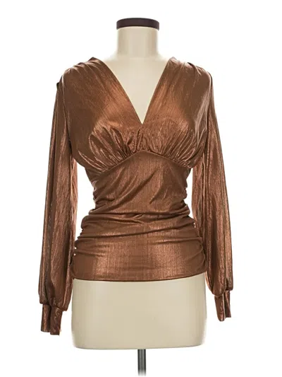 Pre-owned Chicme Long Sleeve Top Brown Plunge Neckline Tops
