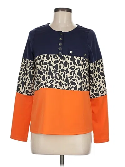 Pre-owned Chicme Long Sleeve Top Orange Color Block Pattern Crew Neck Tops