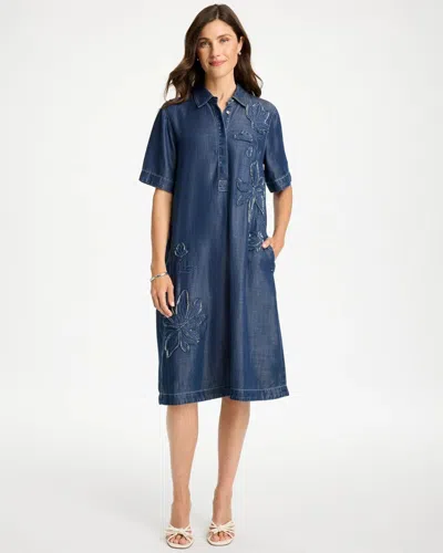 Chico's Embellished Denim Knee Length Dress In Medium Blue Wash