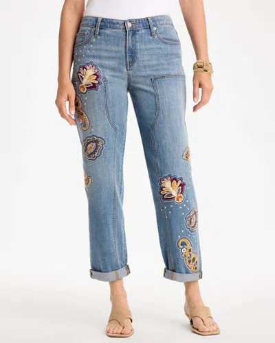 Chico's Embellished Vintage Boyfriend Crop Jeans In Blue Mesa Indigo