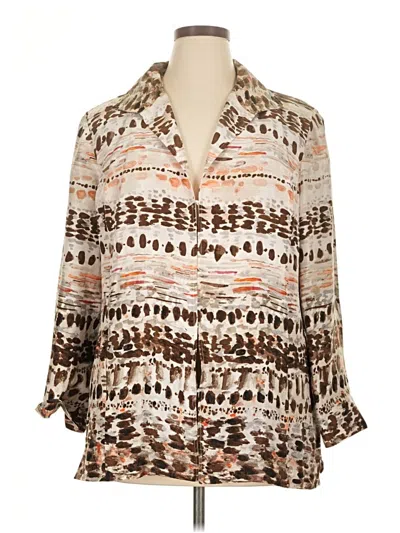 Pre-owned Chico's 3/4 Sleeve Silk Top Brown Animal Print Pattern Collared Neckline Tops
