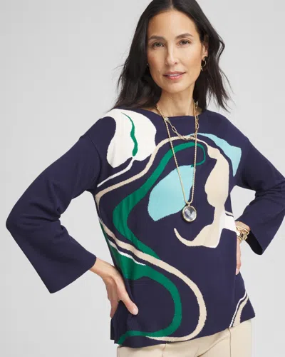 Chico's Abstract Floral Intarsia Pullover Sweater In Blue Size 8/10 |  In Passport Blue