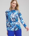 CHICO'S UPF SUN PROTECTION FLORAL SUN TEE IN INTENSE AZURE SIZE 8/10 | CHICO'S ZENERGY ACTIVEWEAR