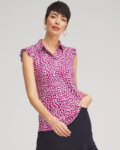 Chico's Upf Sun Protection Knit Ruffle Polo Top In Magenta Rose Size 8/10 |  Zenergy Activewear