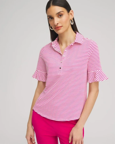 Chico's Upf Sun Protection Knit Stripe Ruffle Polo Top In Magenta Rose Size 8/10 |  Zenergy Activewea