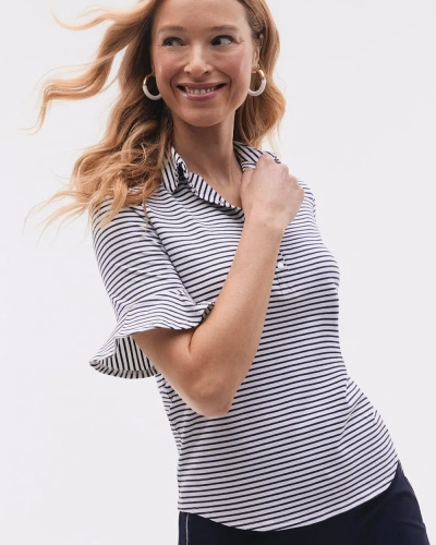 Chico's Upf Sun Protection Knit Stripe Ruffle Polo Top In Navy Blue Size 20/22 |  Zenergy Activewear