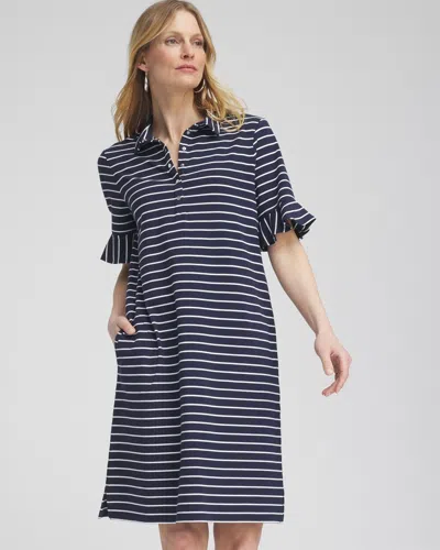 Chico's Upf Sun Protection Knit Stripe Ruffle Sleeve Polo Dress In Navy Blue Size 0/2 |  Zenergy Acti