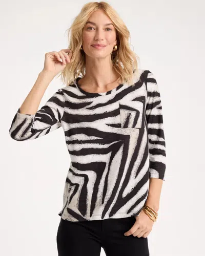 Chico's Animal Cotton 3/4 Sleeve Tee In Black