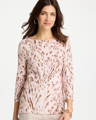 Chico's Animal Foiled Pima 3/4 Sleeve Tee In White In Pink