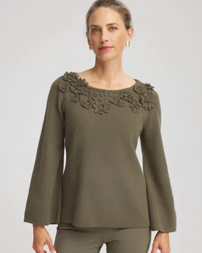Chico's Appliqu Flared-sleeve Sweater In Nettle Leaf