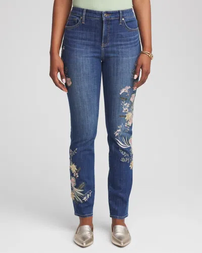 Chico's Appliqu Girlfriend Slim Ankle Jeans In Medium Wash Denim