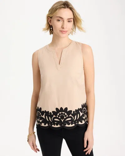 Chico's Applique Embellished Sleeveless Top In Tan Bisque