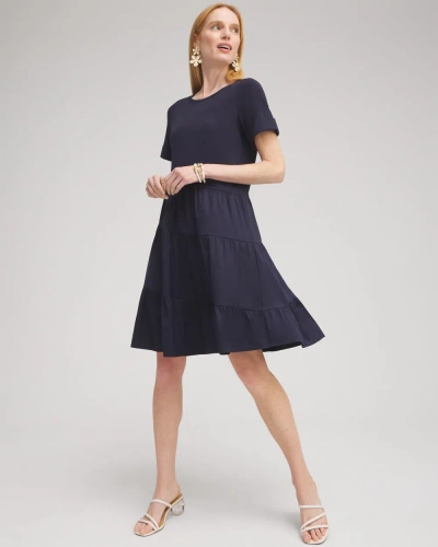 Chico's Asymmetrical Knit Woven Tiered Dress In Navy Blue Size 0/2 |