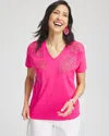 CHICO'S BEADED COTTON STRETCH TEE IN PINK BROMELIAD SIZE 0/2 | CHICO'S