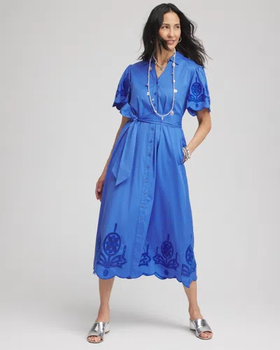 Chico's Belted Embroidered Midi Shirtdress In Blue Size 20/22 |  In Blue Pearl