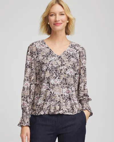 Chico's Bloom Crinkle Bodre Top In Gray
