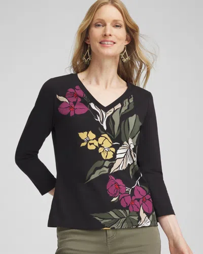 Chico's Blooms Print 3/4 Sleeve Perfect Tee In Black Size 16/18 |