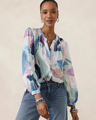 Chico's Blur Geo Button Front Blouse In Blue