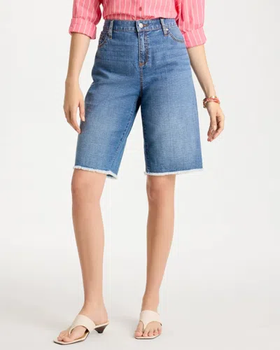 Chico's Boyfriend Frayed Jean Shorts In Medium Wash Denim In Blue