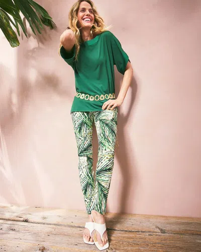 Chico's Brigitte Slim Ankle Palm-print Pants In White In Sand