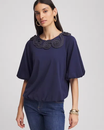 Chico's Bubble Hem Pleated Cotton Top In Blue Size 12/14 |  In Passport Blue
