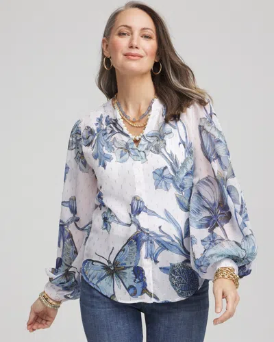 Chico's Butterfly Chiffon Split Neck Blouse In Blue Size 0/2 |  In Blue Casa