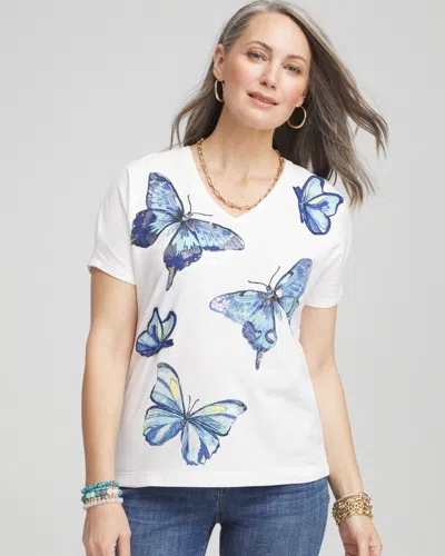 Chico's Butterfly Cotton V-neck Tee In White Size 20/22 |  In Alabaster