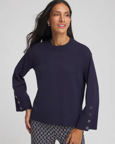 Chico's Button Sleeve Crewneck Pullover In Blue