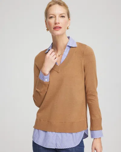Chico's Camel Built-in Shirt Knit Sweater In Caramel Apple Heather In Brown