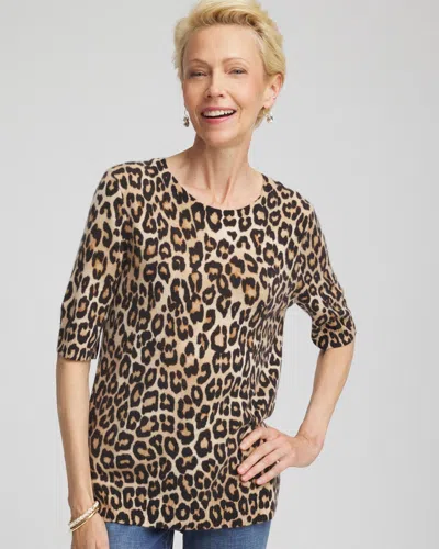 Chico's Cashmere Animal Elbow-sleeve Pullover In Tan In Brown