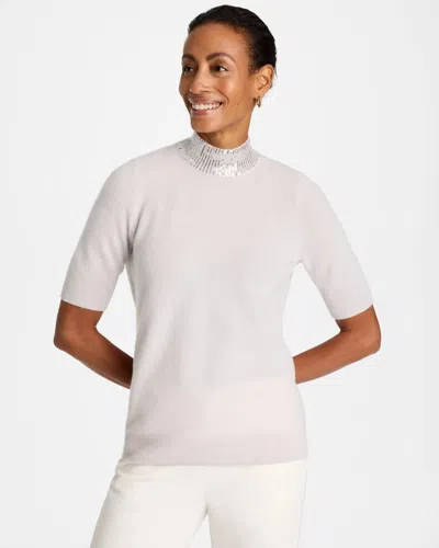 Chico's Cashmere Shimmer Short Sleeve Pullover In Oyster In Gray