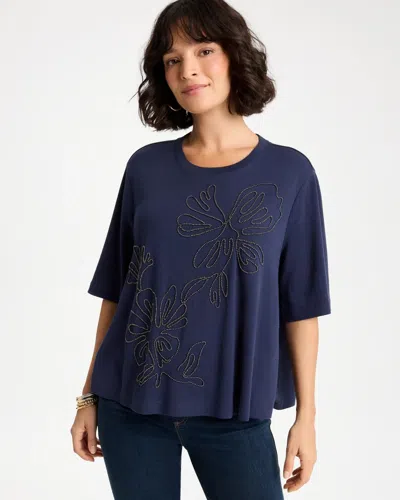 Chico's Caviar Beaded Cotton Tee In Blue