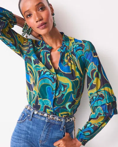 Chico's Chiffon Clip Dot Swirl Print Blouse In Blue Size 12/14 |  In Classic Navy