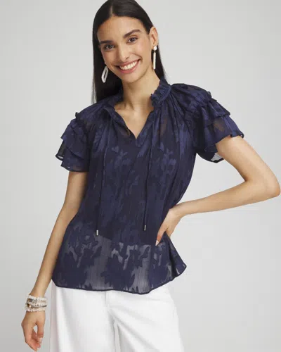 Chico's Chiffon Ruffle Neck Blouse In Navy Blue Size 16/18 |